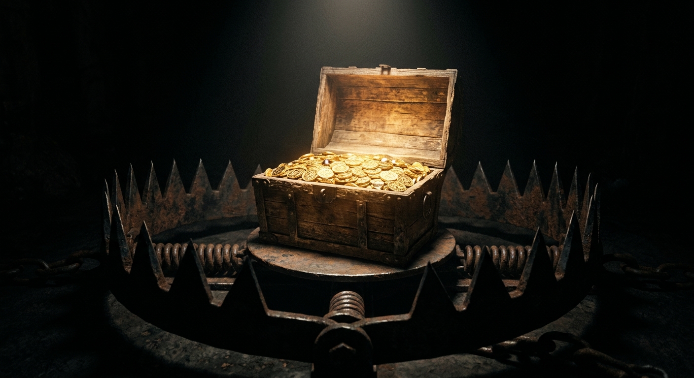 תיבת אוצר פתוחה עמוסה במטבעות זהב מונחת כפיתיון בתוך מלכודת דובים גדולה וחלודה באפלה.