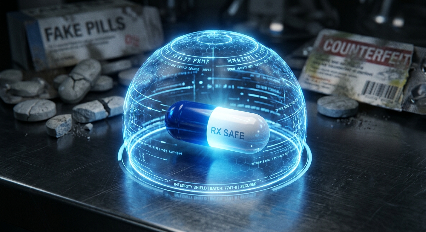 קפסולת תרופה מקורית עם הכיתוב RX SAFE מוגנת בתוך מגן דיגיטלי מואר, מוקפת בכדורים מזויפים ושבורים על משטח מתכתי.